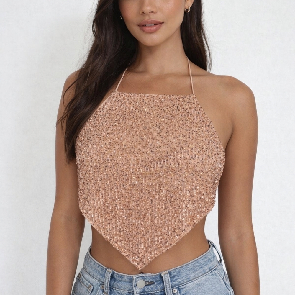 Vintage Chocolate Glittering Halter Crop Top in Brown Size Med✨